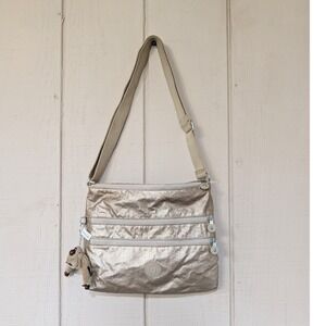 Kipling Alvar Crossbody Bag Metallic Rose Gold Nylon Multi-Zip Messenger Bag